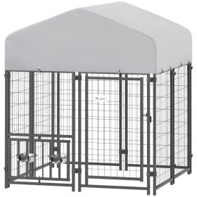 Welded Wire Outdoor Dog Kennel with 360° Rotating & 4 Levels Adjustable Bowls, Waterproof Cover, 3.9' x 3.9' x 4.5' (Option: Silver-1190x625x220 mm)