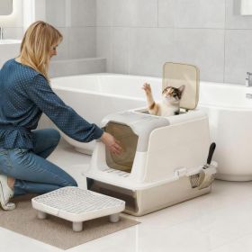 Cat Litter Box, Enclosed Cat Litter Box With Scoop, Deodorizer Bag (Option: Gray White)