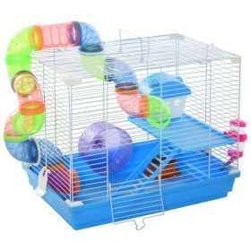 2-Level Hamster Cage Rodent Gerbil House Mouse Mice Rat Habitat Metal Wire with Exercise Wheel, Play Tubes, Water Bottle, Food Dishes, & Interio (Option: Blue-315x125x500 mm)
