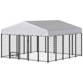 9.8' x 9.8' x 6' Outdoor Dog Kennel, Dog Kennel Outside Run with 360° Rotating Bowls, Waterproof & UV Resistant Cover (Option: Silver-1320x620x230 mm)
