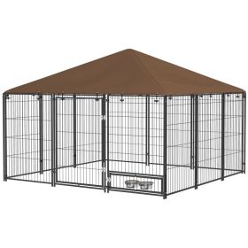 6.9' x 6.9' x 5' Outdoor Dog Kennel with Canopy Garden Playpen Fence Crate Enclosure Cage Rotating Bowl, Coffee (Option: Coffee-695x205x1240 mm)