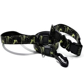 Embossed UV Printed Dog Leash & Collar Set 1.5cm Wide, Waterproof Tear-Resistant Easy To Clean PVC Set, Stylish Patterned Walking Training Gear F (Option: Green)