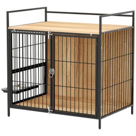 30 Inch Dog Crate Furniture, Indoor Pet Kennel Side Table with Rotatable Bowls, 2 Anti-Escape Doors, for M Dogs, Oak (Option: Oak-900x710x140 mm)