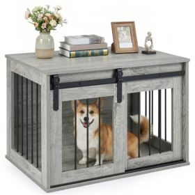 31.5" Dog Crate Furniture With Sliding Barn Door, Wooden Dog Kennel End Table For Indoor Use - Gray (Option: defaulttitle)