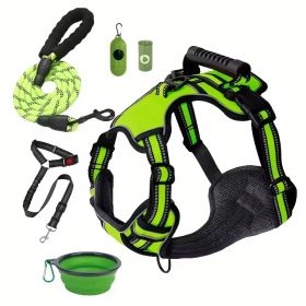 Tactical Service Dog Harness Strap Set, Car Seat Belt, Collapsible Bowl, Biodegradable Trash Bag Set For Dogs (Option: Green-S)
