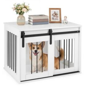 31.5" Dog Crate Furniture With Sliding Barn Door, Wooden Dog Kennel End Table For Indoor Use - White (Option: defaulttitle)