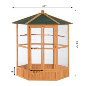PawHut 69 Wooden Hexagonal Outdoor Aviary Flight Bird Cage With Covered Roof, BrownFor Multiple Packages, Please Pay Attention To The Detailed Di (Option: Natural Brown and Green)